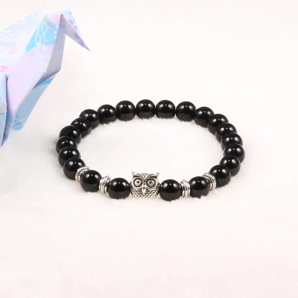 Handcrafted Natural Stone Owl Bead Bracelet