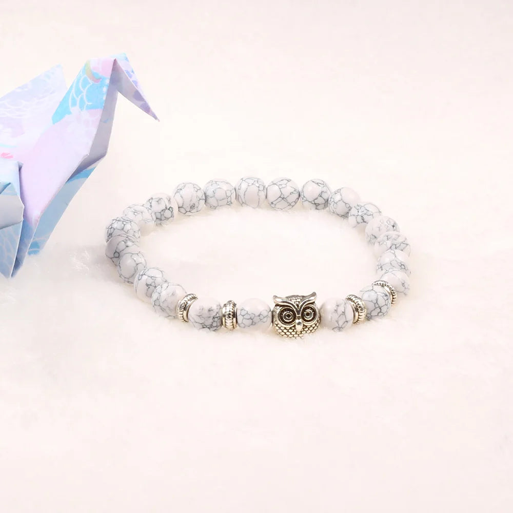 Handcrafted Natural Stone Owl Bead Bracelet