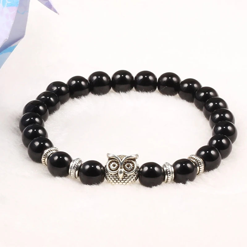 Handcrafted Natural Stone Owl Bead Bracelet