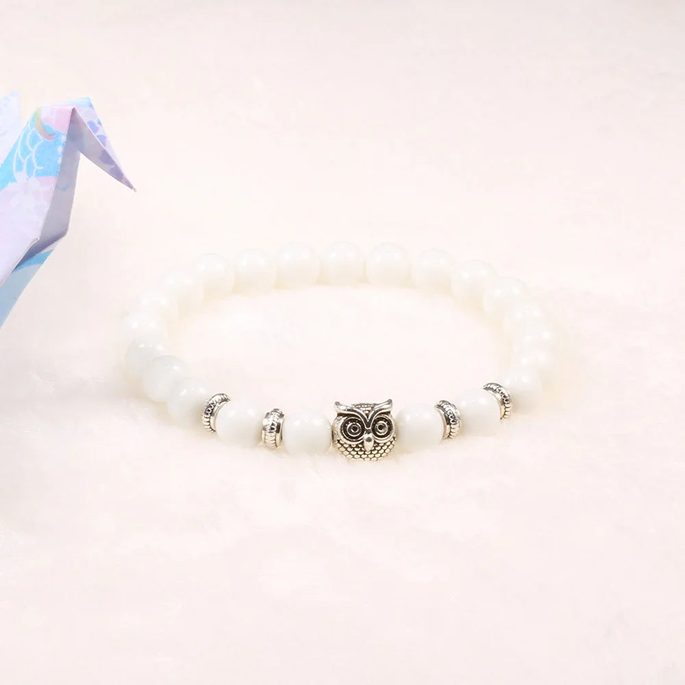 Handcrafted Natural Stone Owl Bead Bracelet