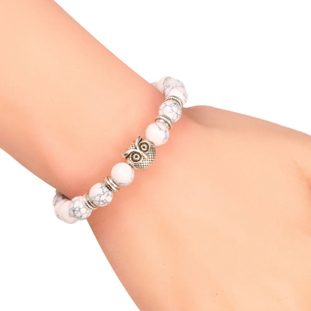 Handcrafted Natural Stone Owl Bead Bracelet