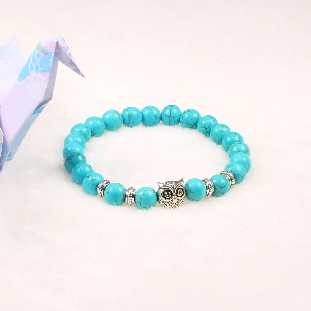 Handcrafted Natural Stone Owl Bead Bracelet