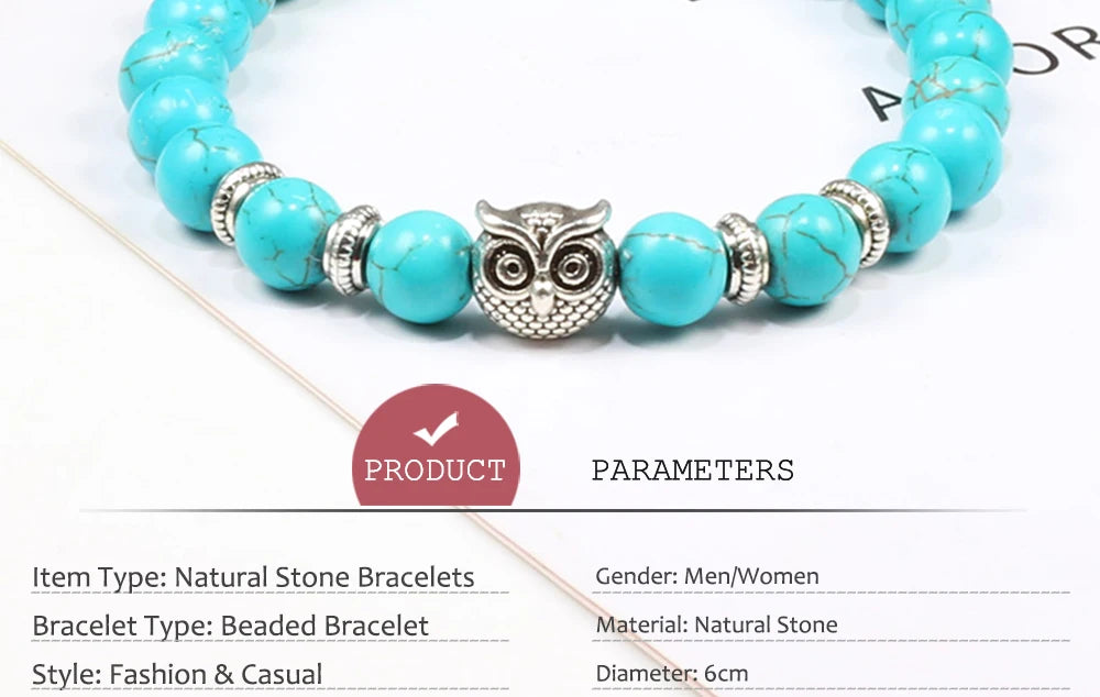Handcrafted Natural Stone Owl Bead Bracelet