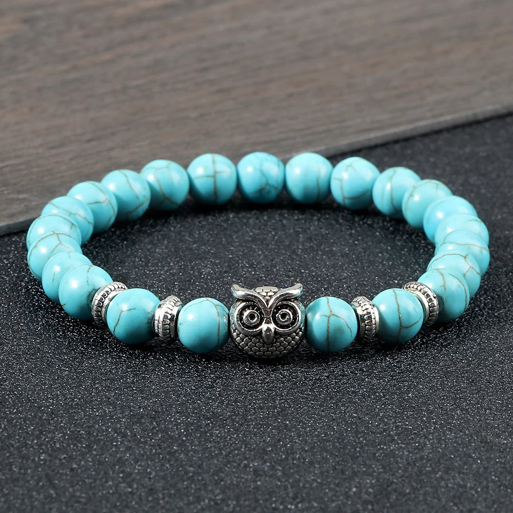 Handcrafted Natural Stone Owl Bead Bracelet