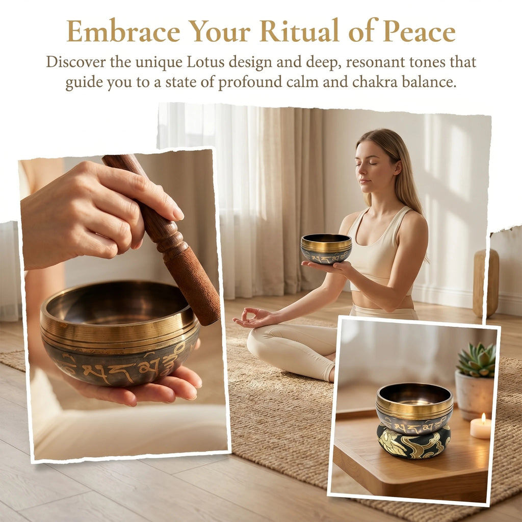Handcrafted Bronze Lotus Singing Bowl Set